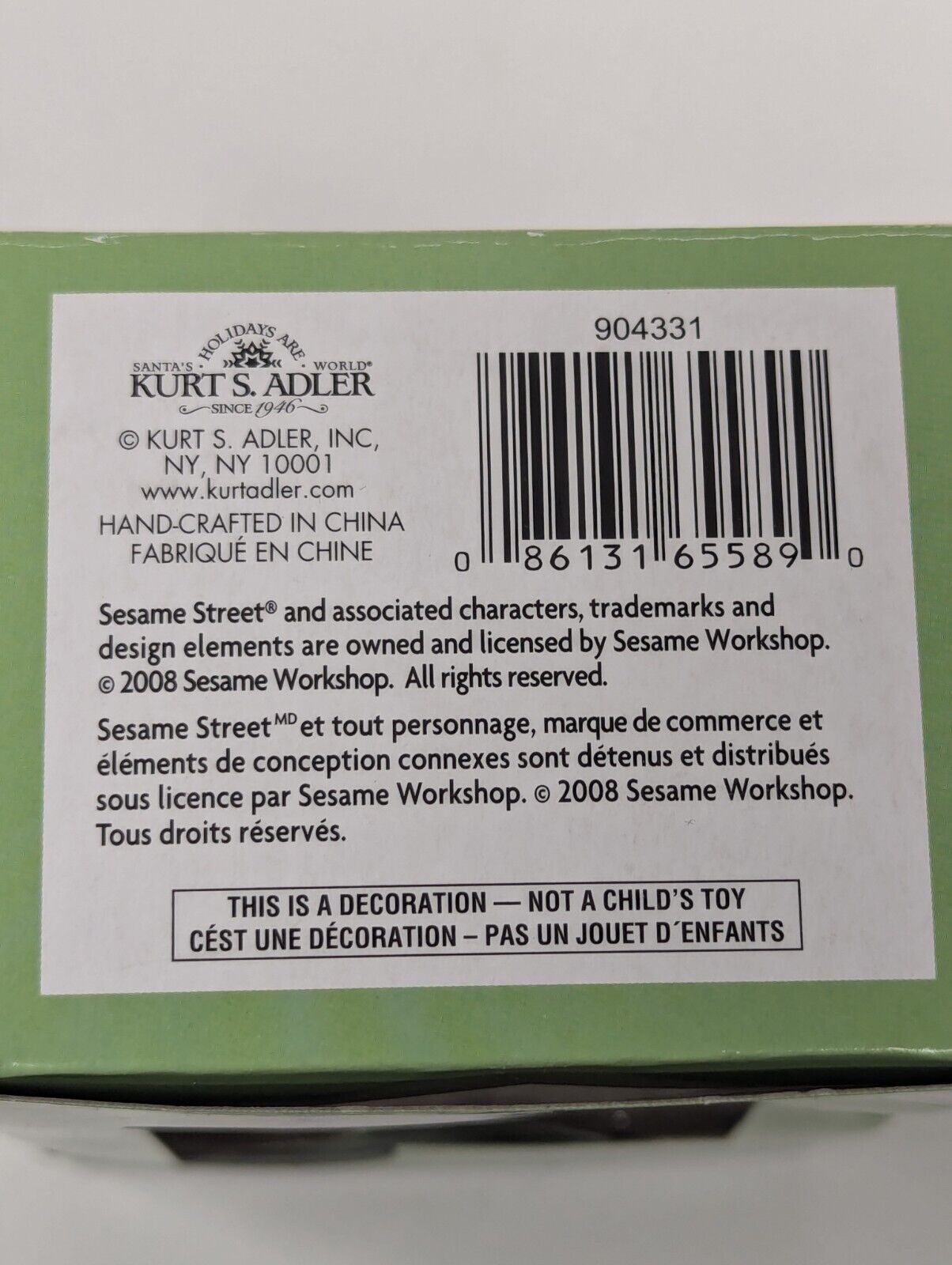 2008 KURT ADLER SANTA'S WORLD CHRISTMAS TREE ORNAMENT - SESAME STREET ELMO