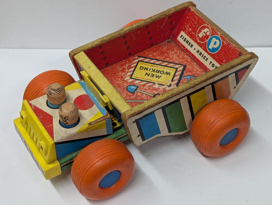 Vintage Fisher-Price #145 "Men Working" Dump Truck 1961 Wooden Plastic Pull Toy