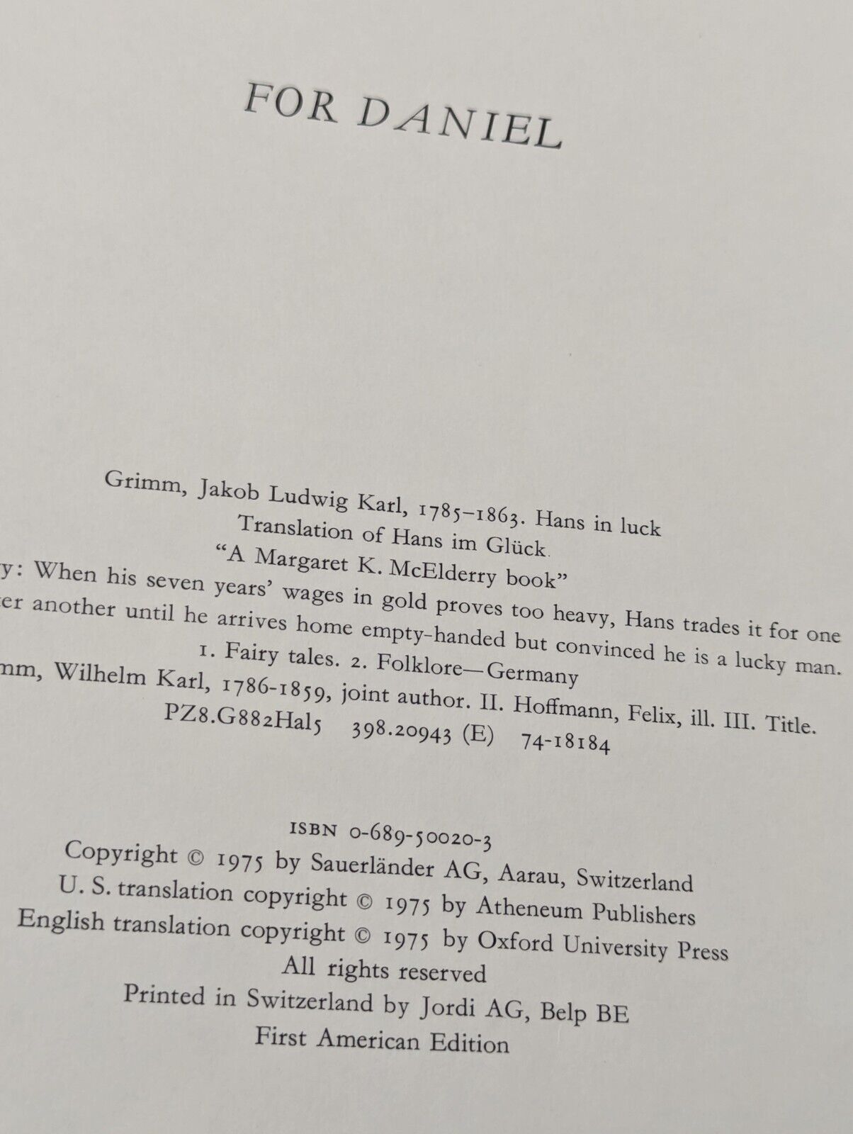 Hans In Luck A Picture Book by Felix Hoffmann