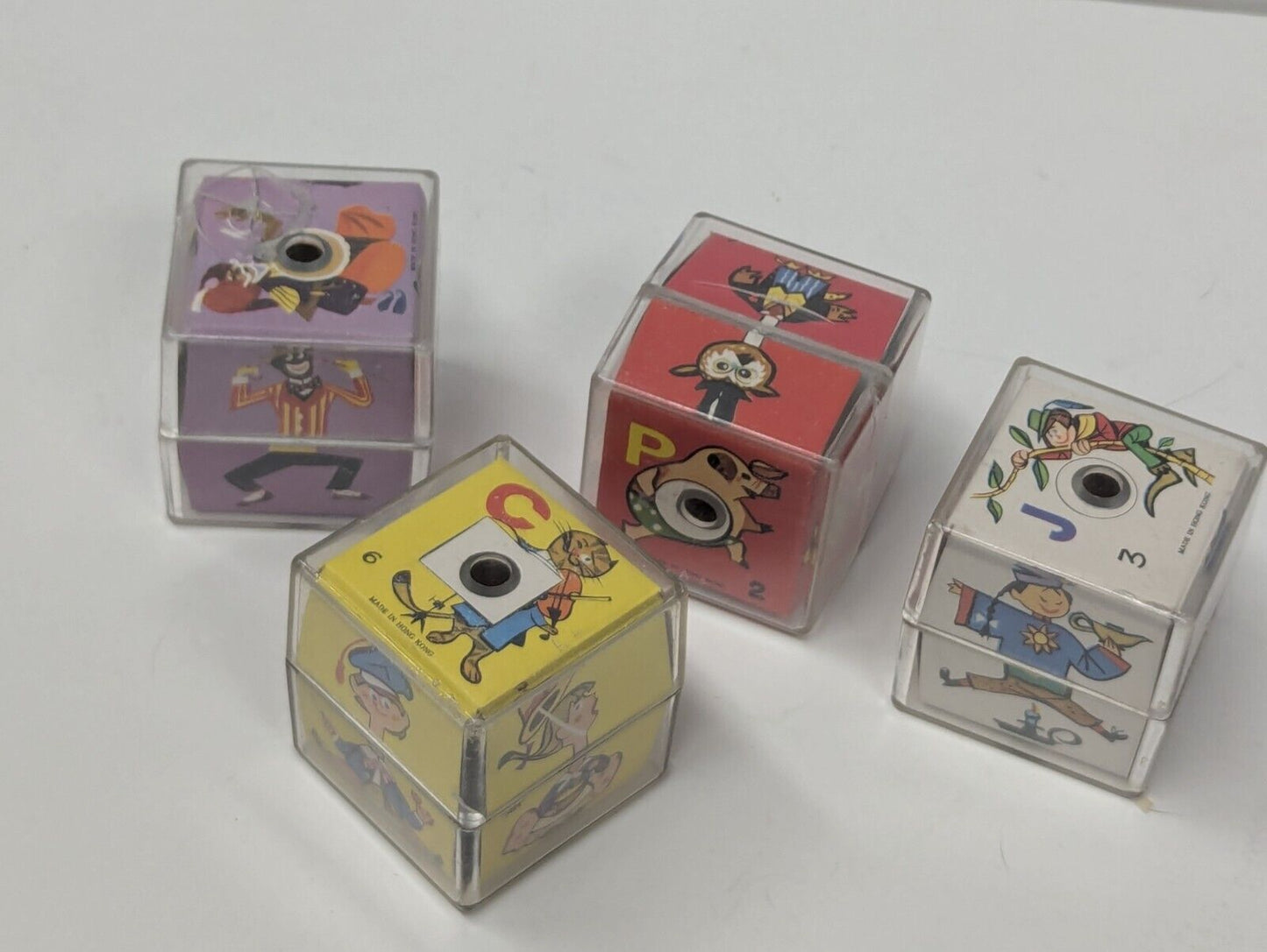Vintagr Hong Kong Toy Clear Plastic Box Twist Blocks Mismatch Bodies Lot Of 4