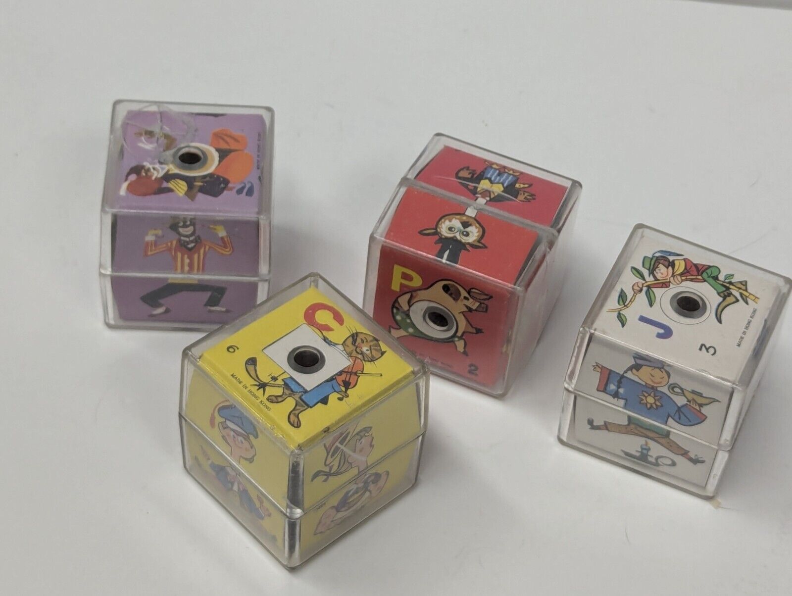 Vintagr Hong Kong Toy Clear Plastic Box Twist Blocks Mismatch Bodies Lot Of 4