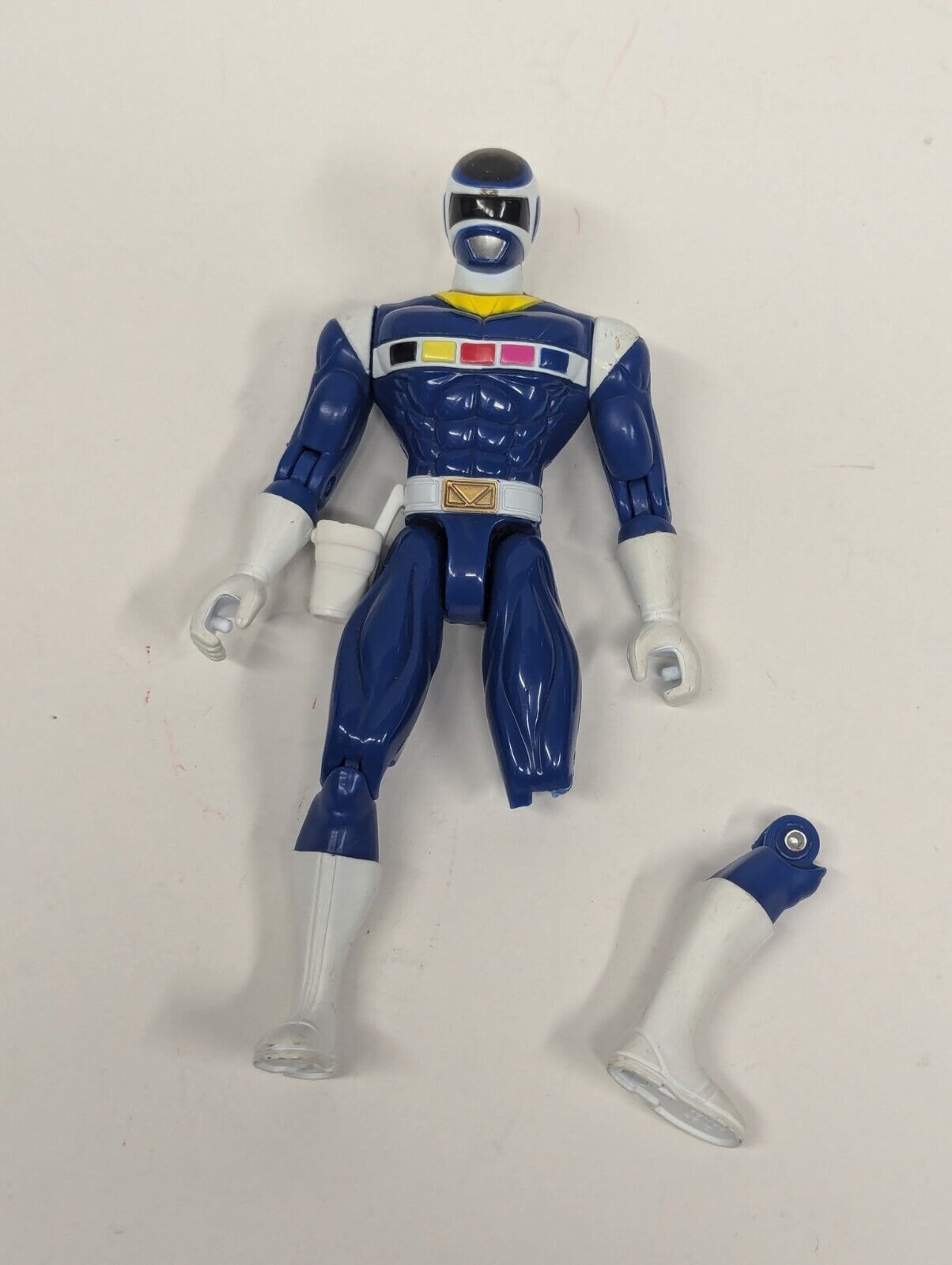 Vintage 1997 Power Rangers In Space Blue Ranger with Broken Leg, Light Works