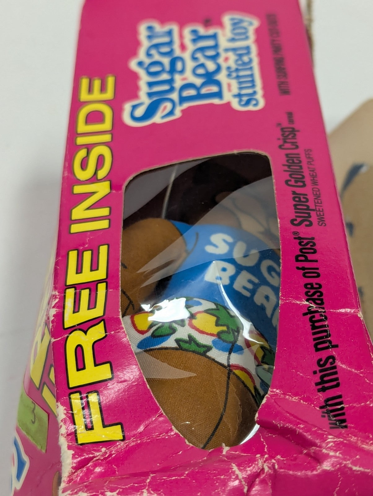 1989 Sugar Bear Stuffed Toy Post Super Golden Crisp Cereal Premium Damaged Box