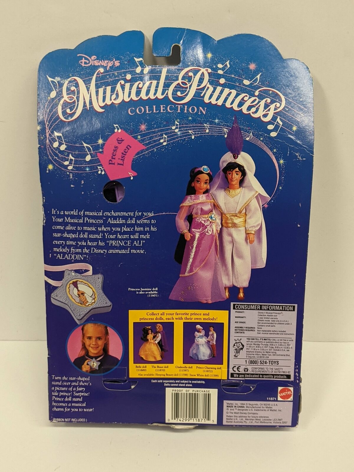 Vintage Musical Princess Aladdin Doll on Card