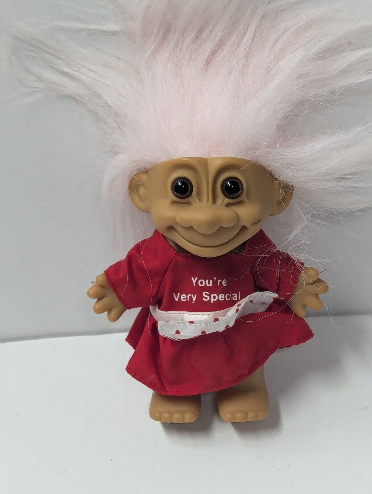 RUSS Troll Doll Lucky "I LOVE YOU THIS MUCH" Vintage Valentine Girl Pink Hair 5"