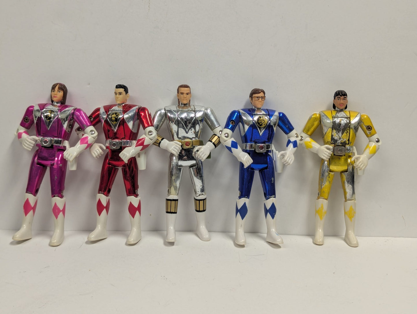 1995 MMPR Lot of 5  Yellow, Pink, Blue, Red & White Metallic Flip Head Movie 