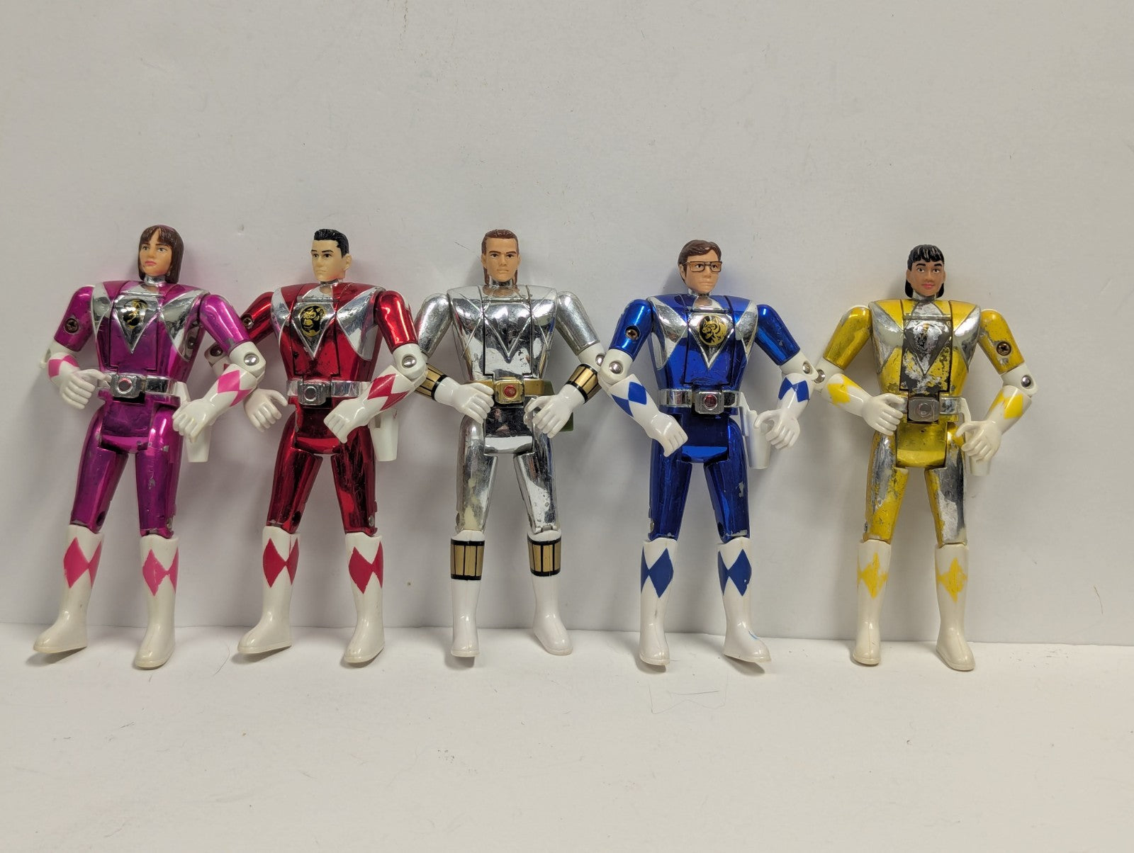 1995 MMPR Lot of 5  Yellow, Pink, Blue, Red & White Metallic Flip Head Movie 