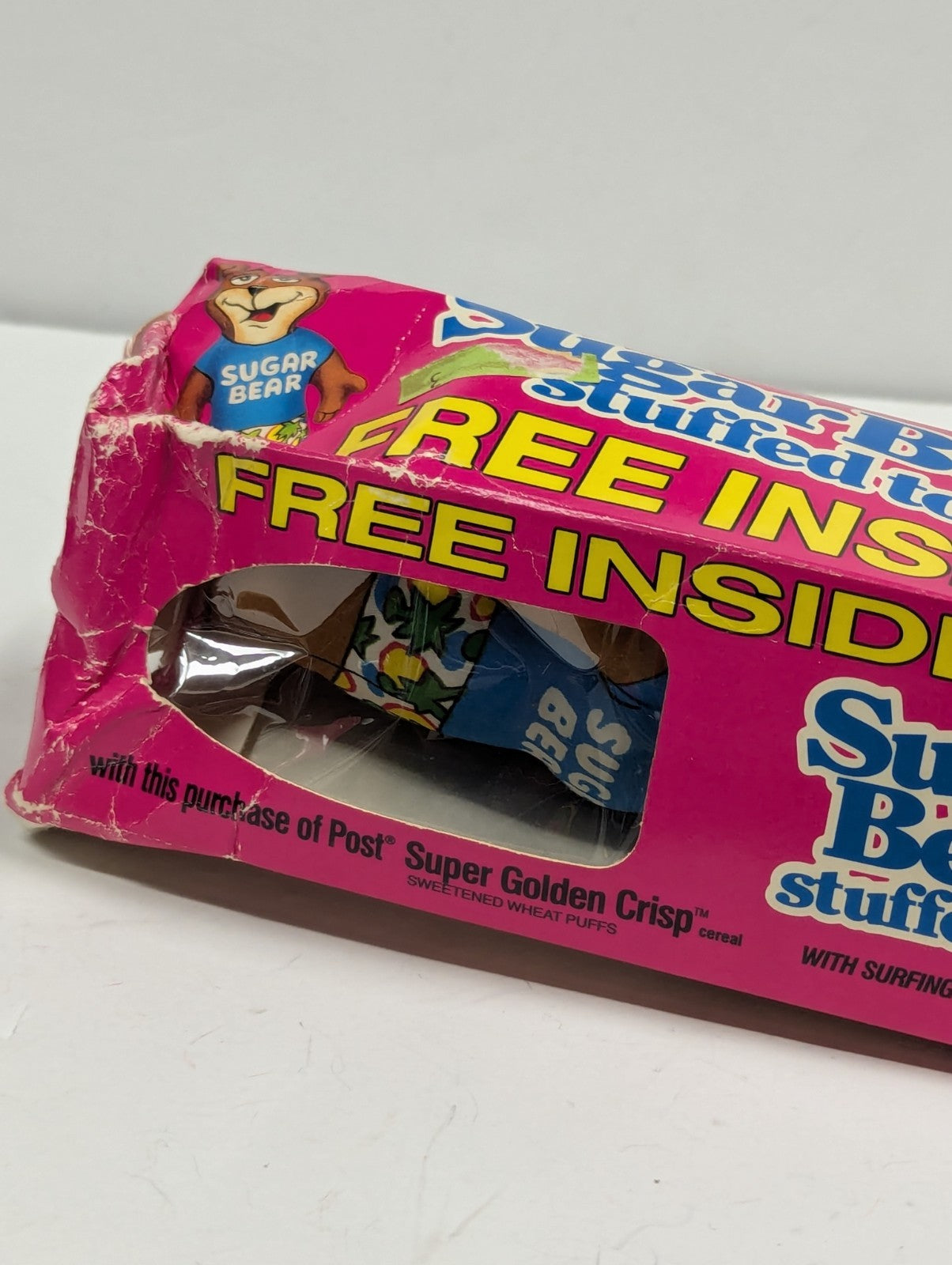 1989 Sugar Bear Stuffed Toy Post Super Golden Crisp Cereal Premium Damaged Box