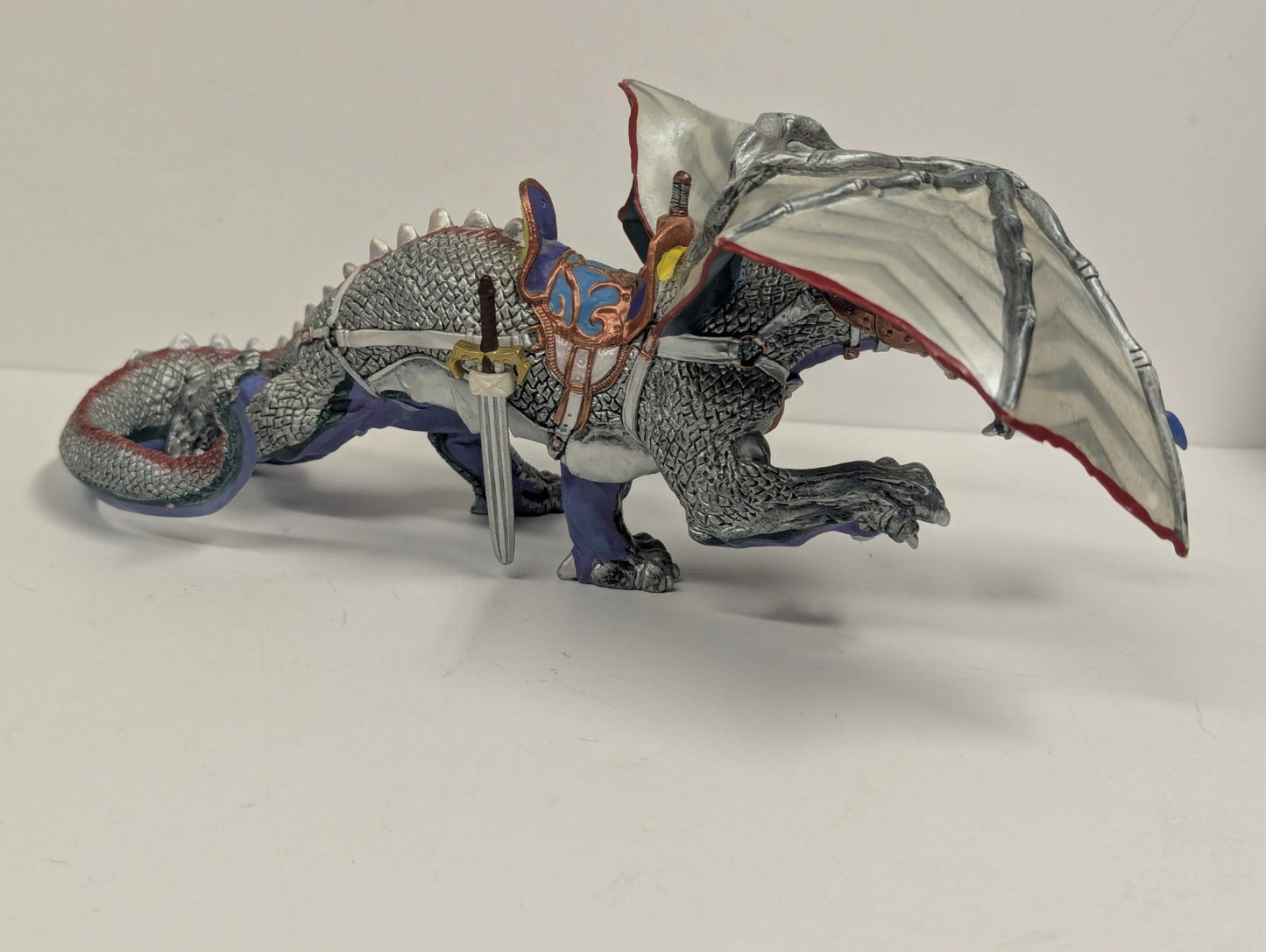 2007 Papo Silver Medieval Dragon of Darkness  Retired Fantasy Figure 10” PVC EUC