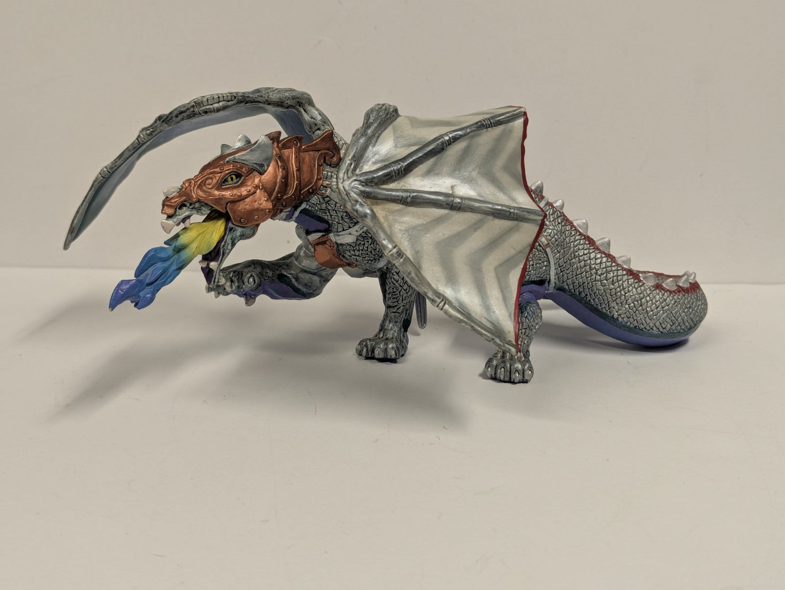 2007 Papo Silver Medieval Dragon of Darkness  Retired Fantasy Figure 10” PVC EUC