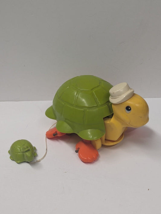 Vintage Fisher Price 1977 Tag-Along-Turtle Pull Toy Turtle w/Sailor Hat