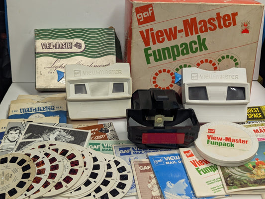 Vintage View-Master Fun Pack & 3-D BAKELITE VIEWER w/t Many Slides Original Box