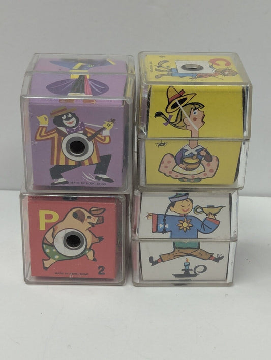 Vintagr Hong Kong Toy Clear Plastic Box Twist Blocks Mismatch Bodies Lot Of 4