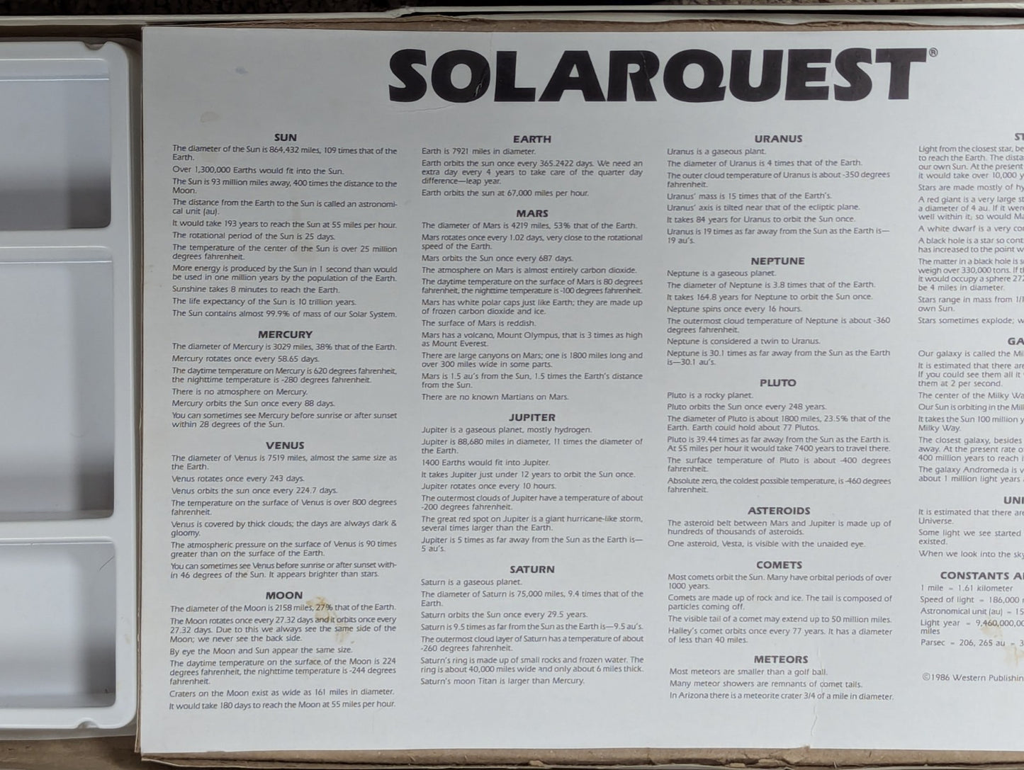 1986 SOLARQUEST, Space Age Board Game, Golden Western Publishing AS IS