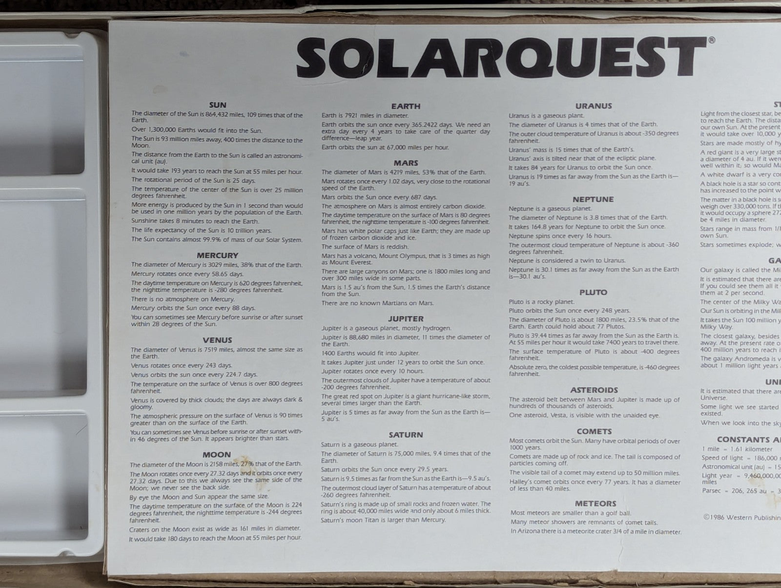 1986 SOLARQUEST, Space Age Board Game, Golden Western Publishing AS IS