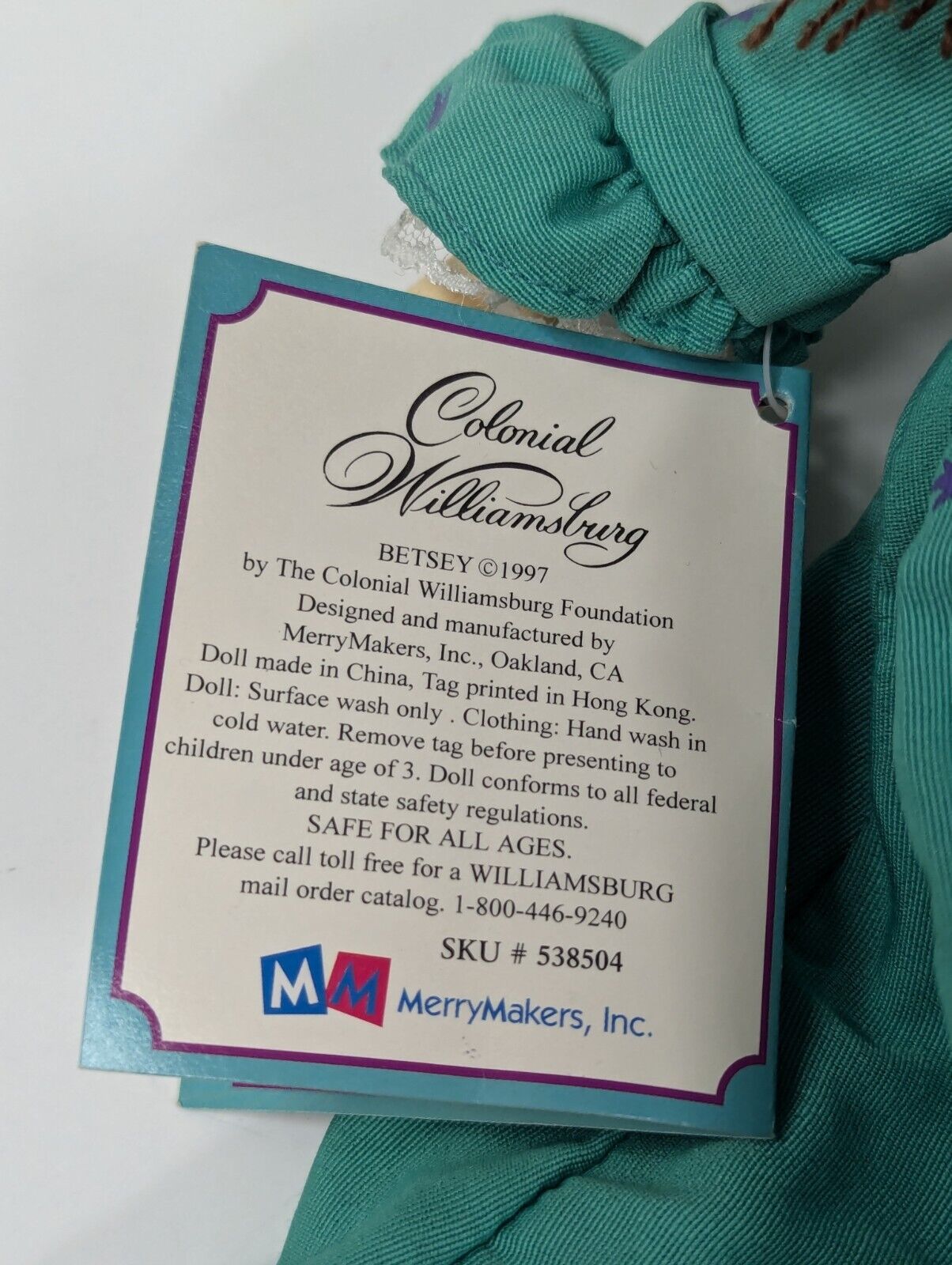 1997 Colonial Williamsburg BETSEY Cloth Doll 12" by Merry Makers New w/ Tag