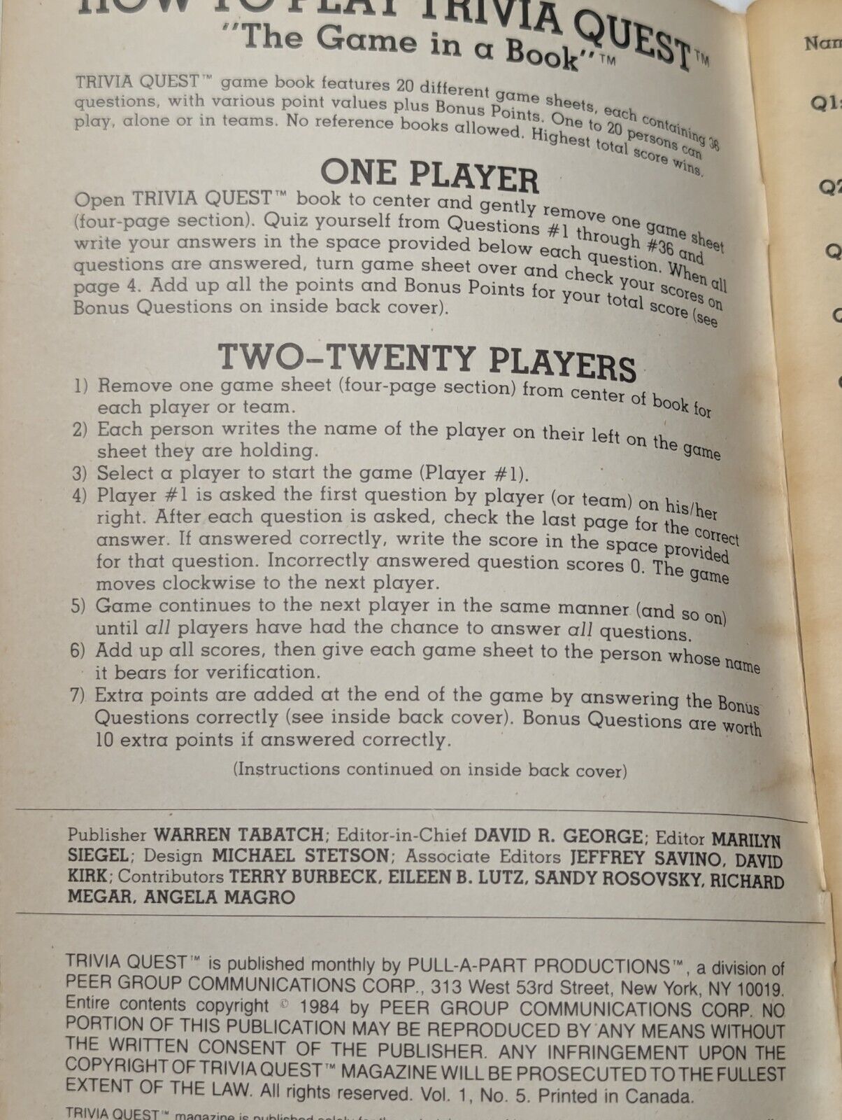 Trivia Quest No.5 Copyright 1984